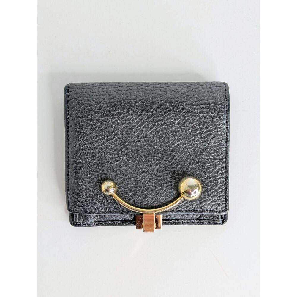 Strathberry Crescent Wallet Black Pebbled Leather Bifold Signature Hinge Bar